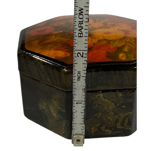 Vintage Black Hexagonal Lacquer Floral Trinket Lidded Jewelry Box Home Decor - Picture 10 of 10